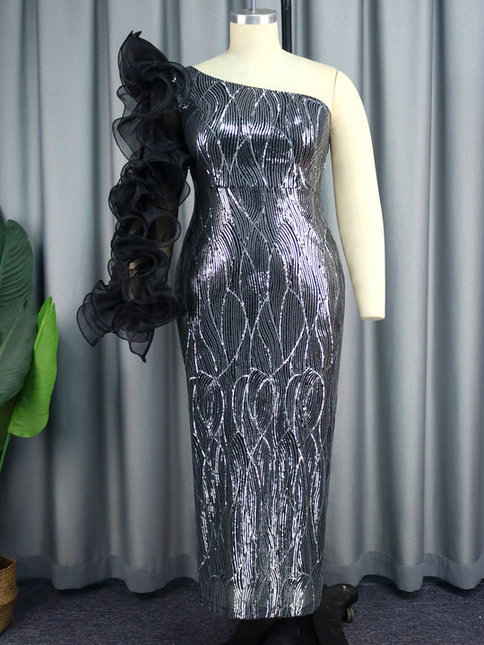Damen Glamouröses Abendkleid mit schulterfreiem Design und voluminösen Rüschenärmel R&B