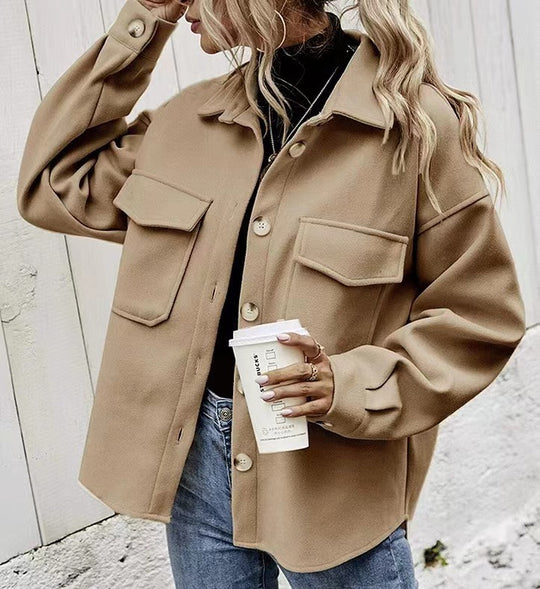 Damen Modische Oversized-Jacke mit Taschen und Knopfverschluss R&B