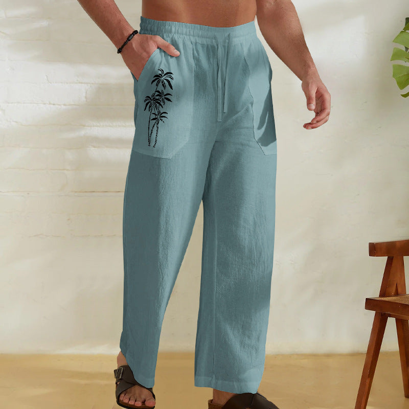 Herren Bequeme Leinenhose mit praktischem Kordelzug und Palmendruck R&B