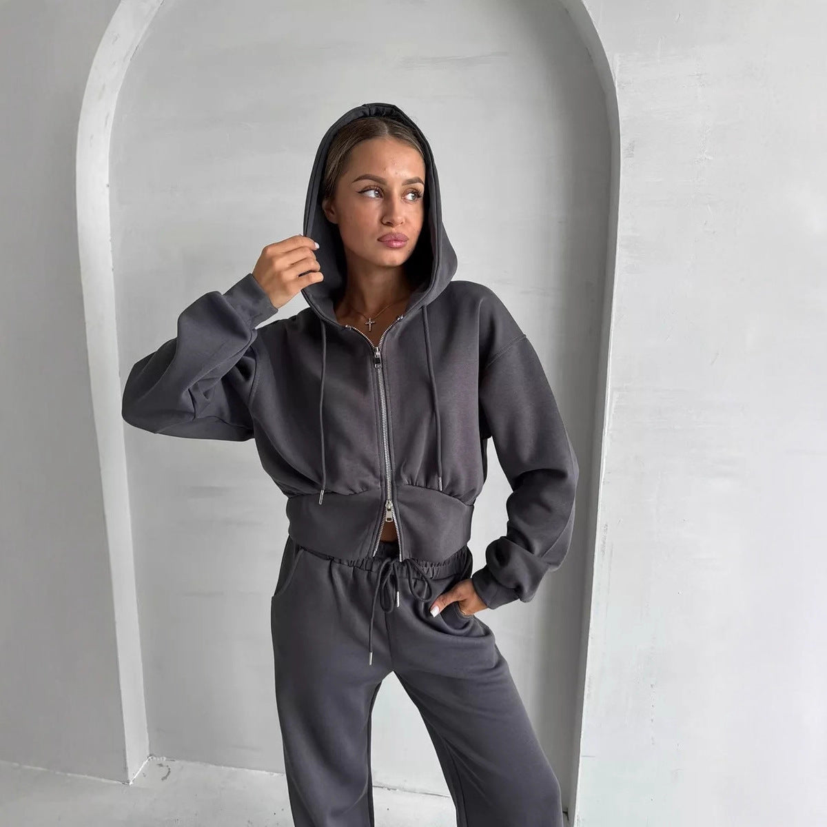 Damen Cropped Hoodie mit Reißverschluss R&B
