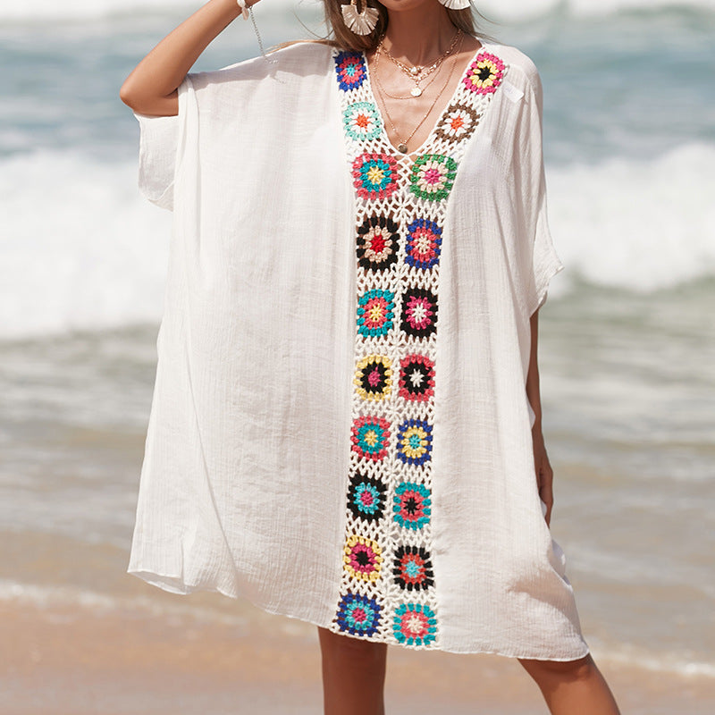 Damen Häkel-Strandtunika im lässigen Oversize-Stil mit bunten Applikationen R&B
