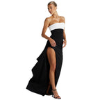 Damen elegantes trägerloses Maxikleid mit seitlichem Schlitz und kontrastierendem Oberteil R&B