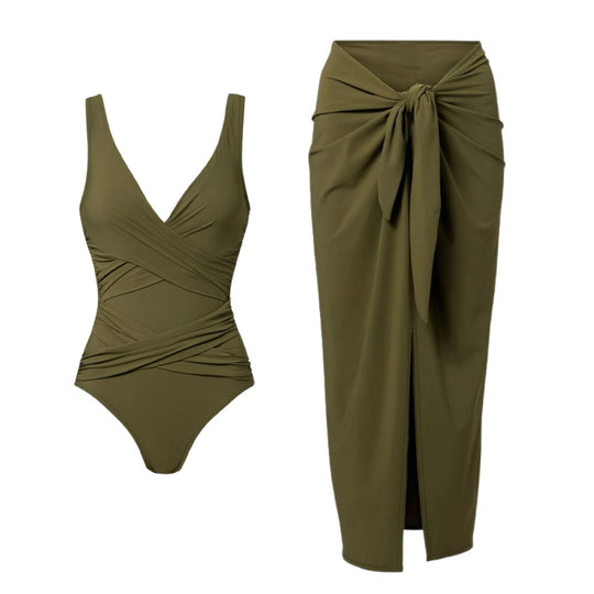 Damen Einteiler Badeanzug mit modischem Wickeldesign und elastischen Rüschendetails R&B
