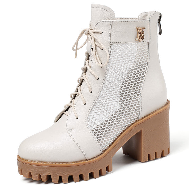 Damen Schnürstiefeletten mit elegantem Mesh-Einsatz und robustem Blockabsatz