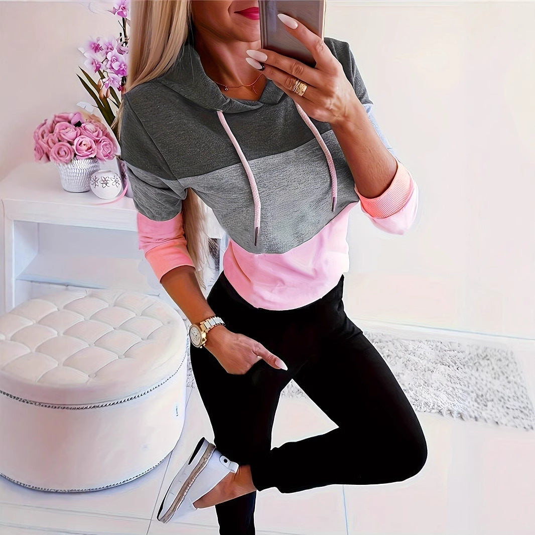 Damen modischer Freizeitpullover mit Kapuze und Farbblockdesign R&B
