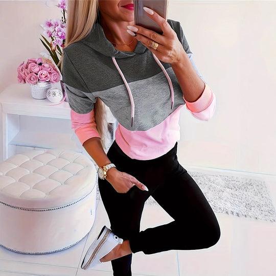 Damen modischer Freizeitpullover mit Kapuze und Farbblockdesign R&B