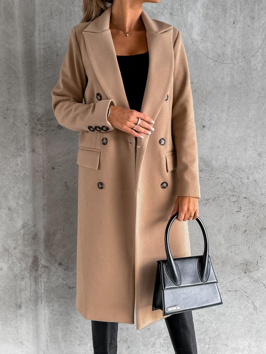 Damen Eleganter Doppelreiher-Mantel mit strukturiertem Stoff und taillierbarem Gürtel R&B