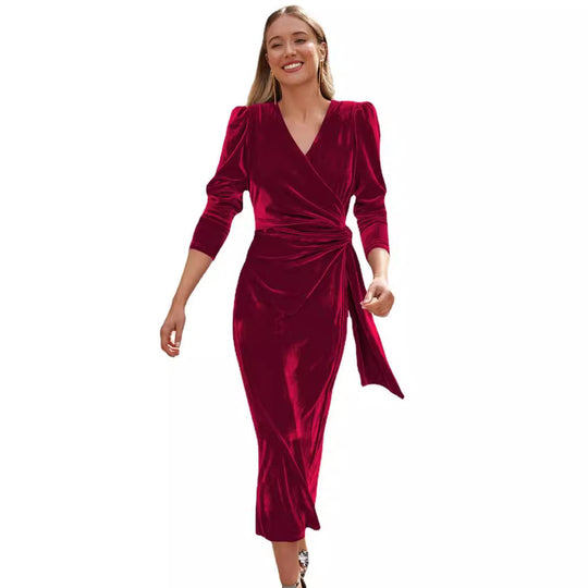 Damen Elegantes Wickelkleid mit Puffärmeln und Goldakzenten R&B