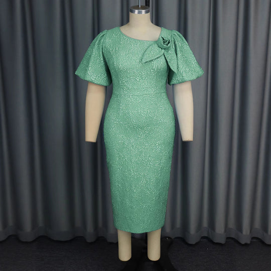 Damen elegantes Etuikleid mit fließenden Puffärmeln und Blumenapplikation R&B