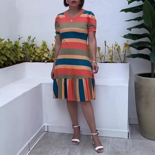 Damen nan gestreiftes Jerseykleid A-Linienschnitt mit kurzem Puffärmel und Volantstufe R&B
