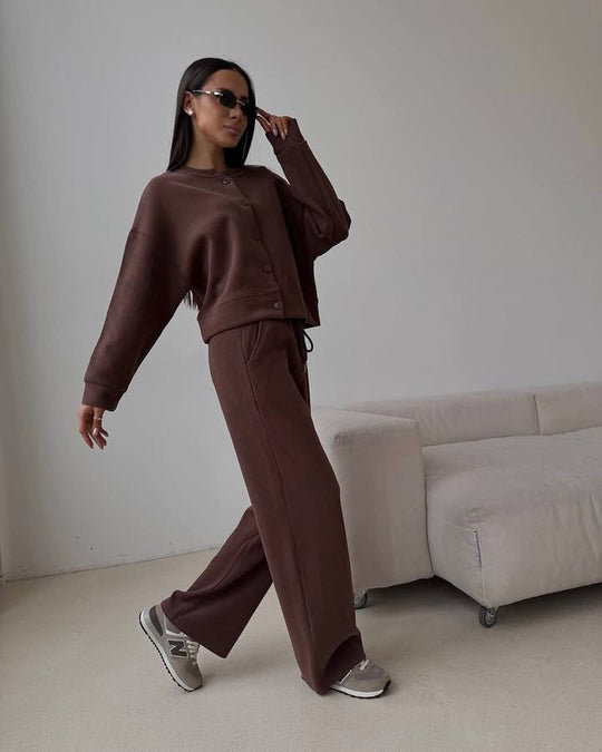 Damen lässiger Sweat-Pullover mit Knopfleiste und bequemen Jogginghose R&B
