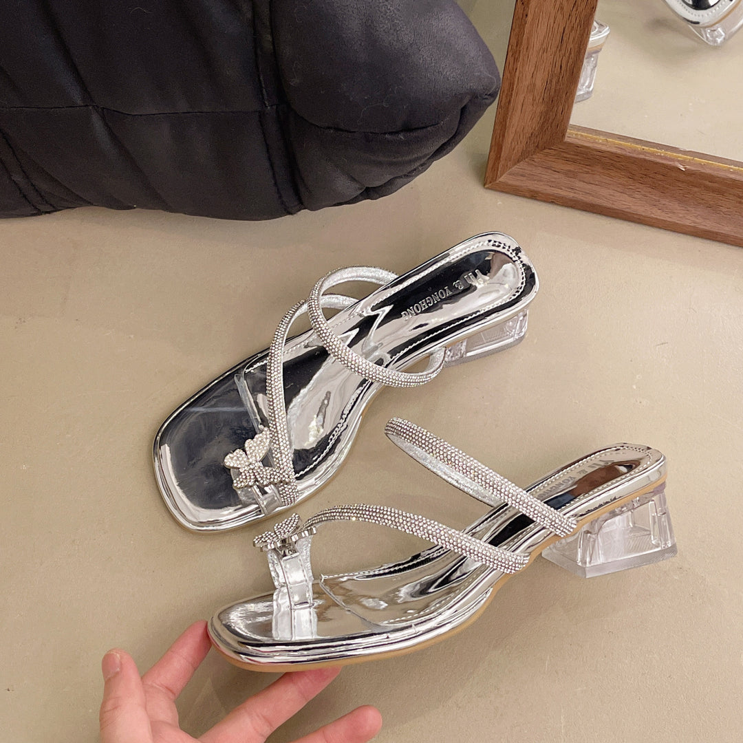 Damen elegante Sandalen mit funkelnden Strassdetails und transparentem Blockabsatz R&B