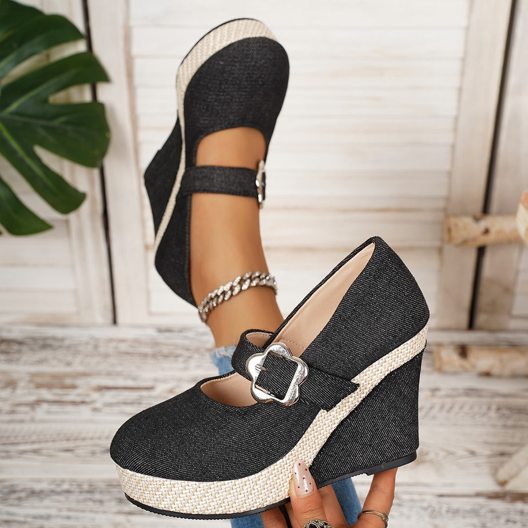 Damen Wedge-Pumps mit schnallenverziertem Fesselriemen und geflochtenem Absatz R&B