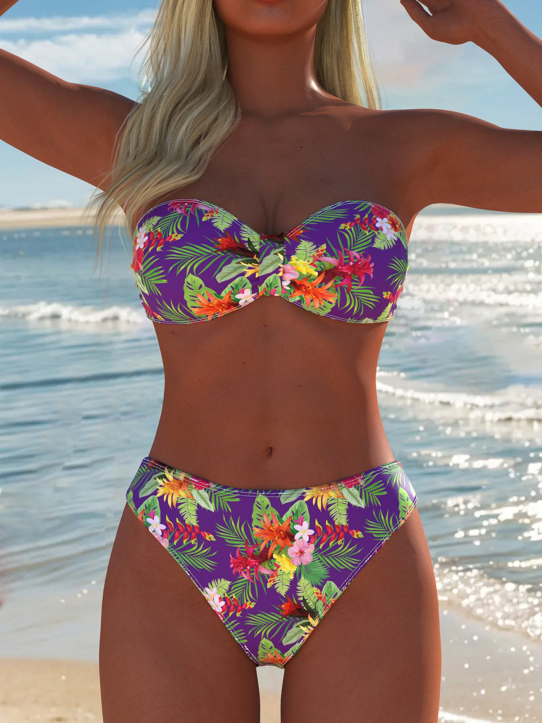Damen Bandeau-Bikini-Set mit floralem Design und hohem Taillenbund R&B