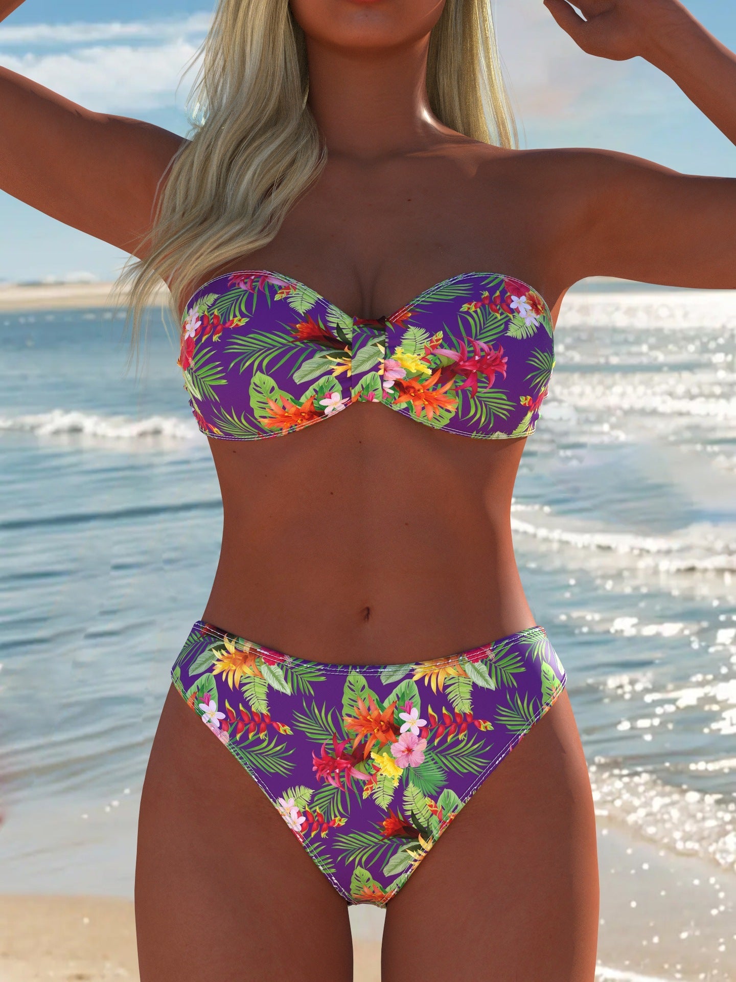 Damen Bandeau-Bikini-Set mit floralem Design und hohem Taillenbund R&B