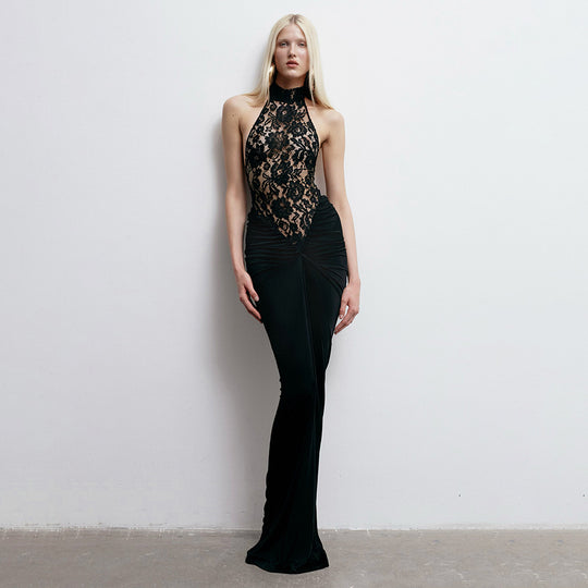 Damen Elegantes Spitzenkleid mit hohem Kragen und figurbetonendem Schnitt R&B