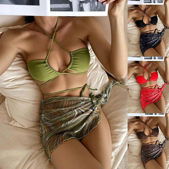 Damen Bandeau-Bikini mit verstellbaren Bändern und transparentem Wickelrock R&B