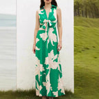 Damen Maxikleid mit dekorativem Bindegürtel und modischem Kragen R&B