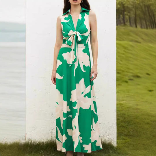 Damen Maxikleid mit dekorativem Bindegürtel und modischem Kragen R&B
