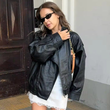 Unisex nan weite Bikerstil Kunstlederjacke mit Stehkragen und elastischem Saum R&B