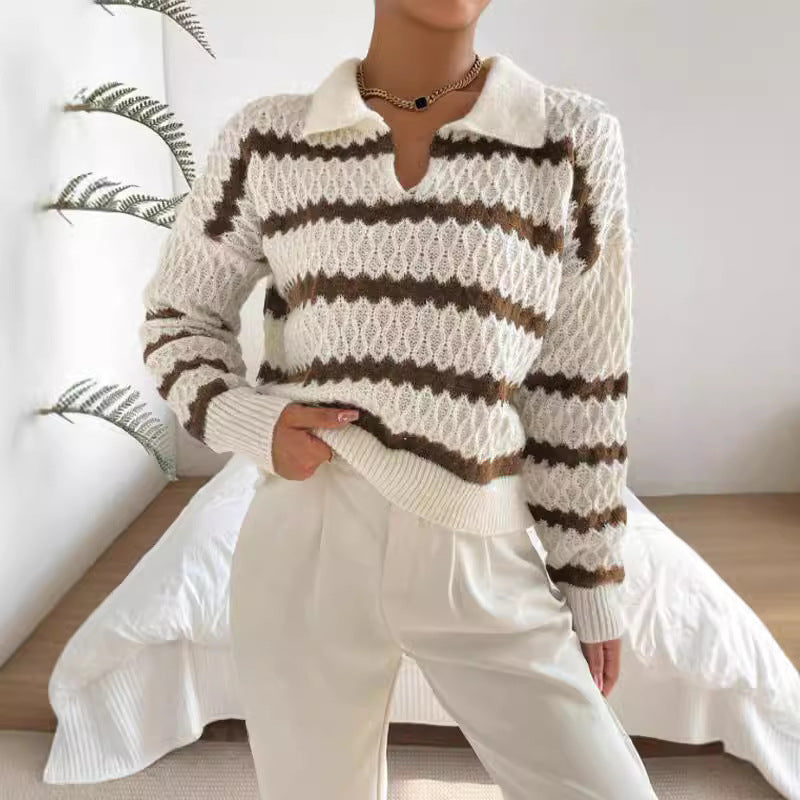 Damen Strickpullover im lässigen Stil mit strukturiertem V-Ausschnitt und hellen Akzenten R&B