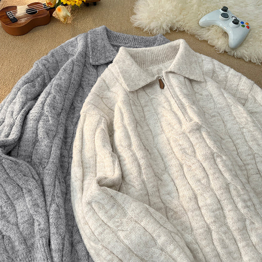 Damen Hochwertiger Strickpullover mit kurzem Reißverschluss und klassischem Kragen R&B