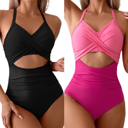 Damen Einteiler Badeanzug mit modischem Wickeldesign und tiefem V-Ausschnitt R&B