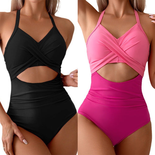 Damen Einteiler Badeanzug mit modischem Wickeldesign und tiefem V-Ausschnitt R&B