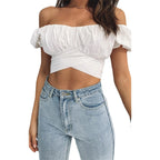 Damen Off-Shoulder Crop-Top mit Rüschendetails und elegantem Wickeldesign R&B