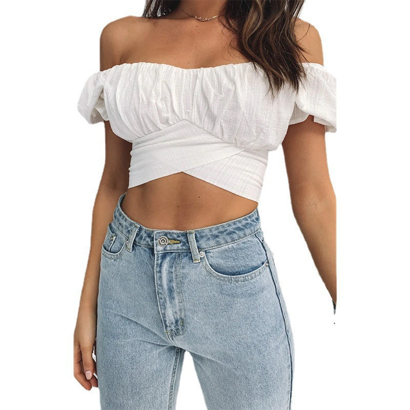 Damen Off-Shoulder Crop-Top mit Rüschendetails und elegantem Wickeldesign R&B
