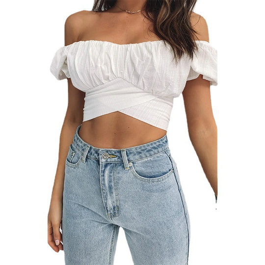 Damen Off-Shoulder Crop-Top mit Rüschendetails und elegantem Wickeldesign R&B