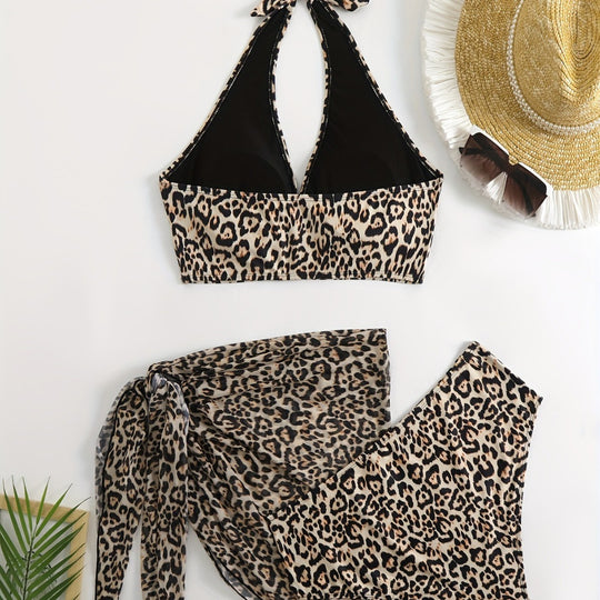 Damen Triangel-Bikini-Set mit edlem Wickeltuch und raffiniertem Animal-Print R&B