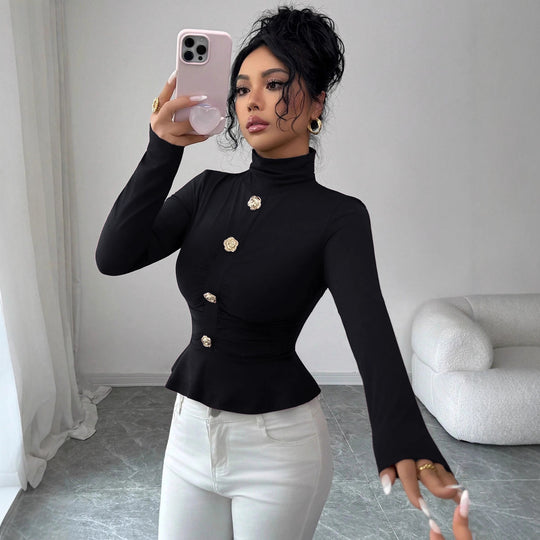 Damen nan tailliertes Rollkragen-Top mit Volant-Saum und goldverzierten Rosenknöpfen R&B