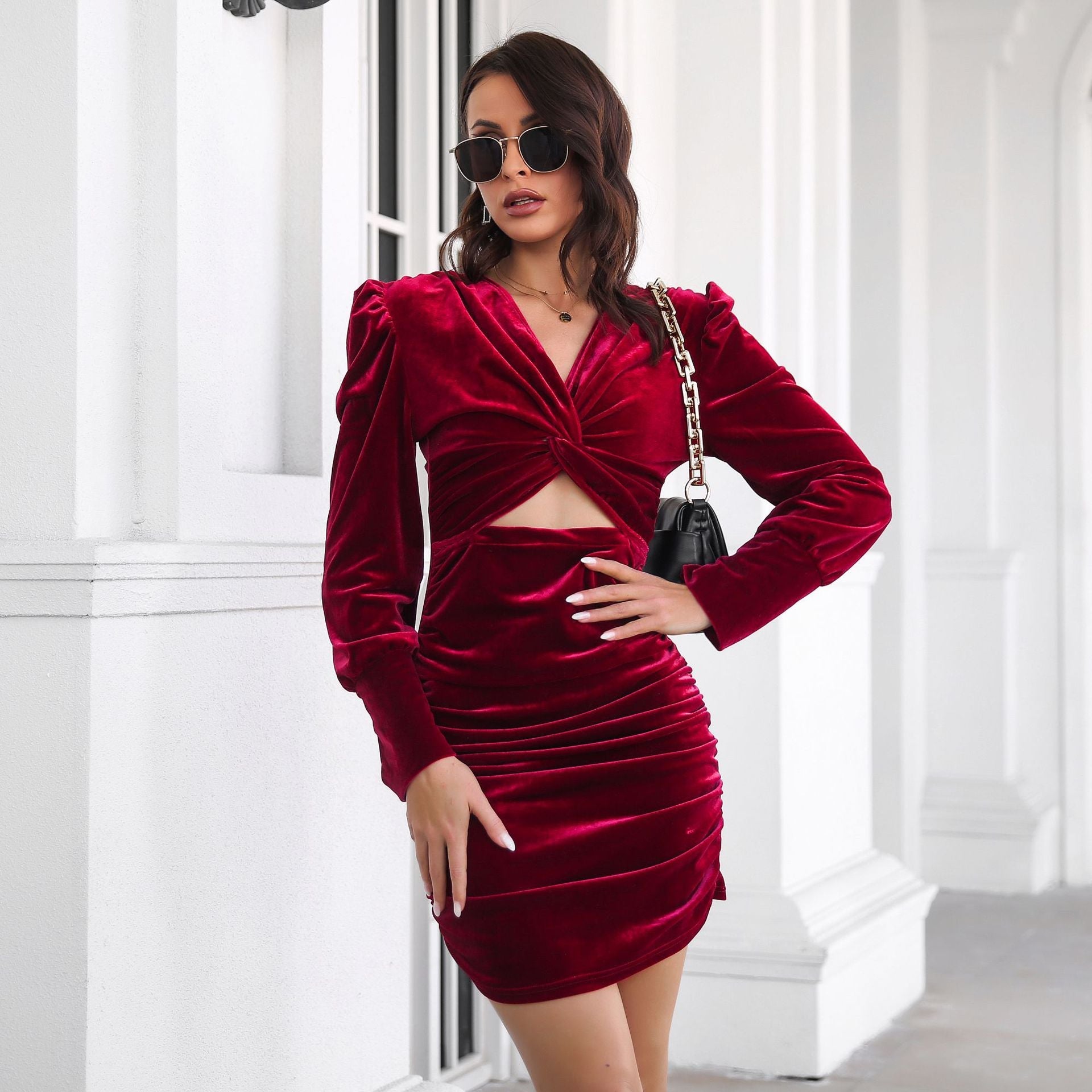 Damen figurbetontes Wickelkleid mit Puffärmeln und raffiniertem Ausschnitt R&B