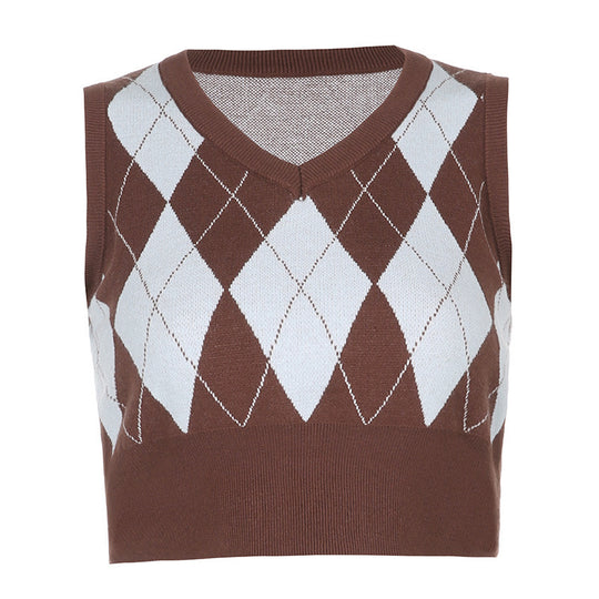 Damen cropped Stricktop mit modernem Rautenmuster R&B