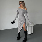 Damen Off-Shoulder Maxikleid mit Raffung und hohem Schlitz R&B