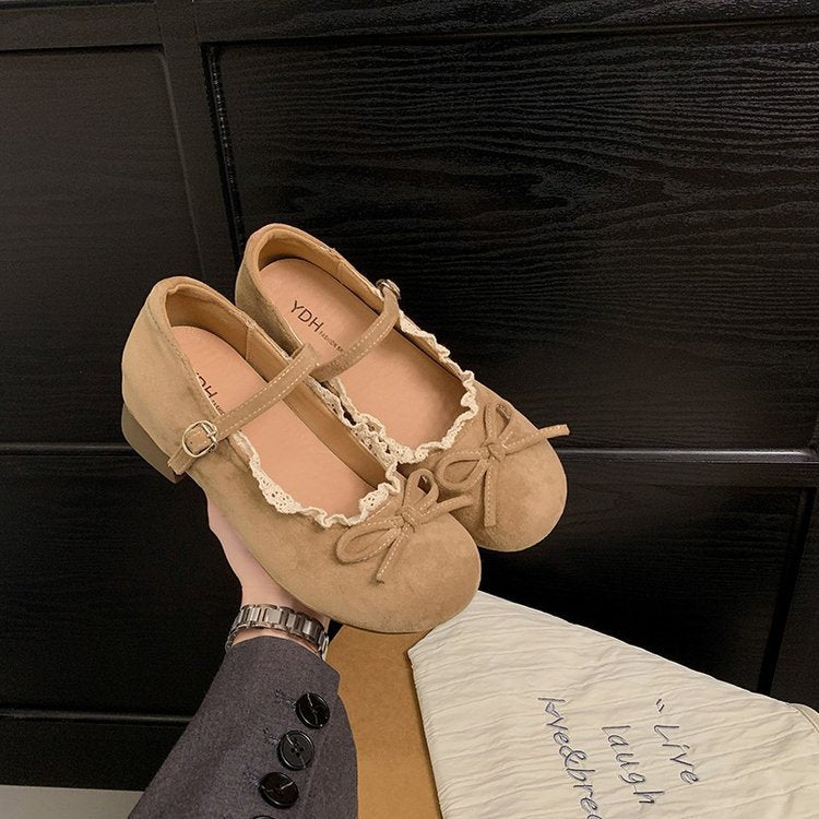 Damen elegante Mary Jane Ballerinas mit dekorativem Spitzenrand und Schleifenakzent R&B