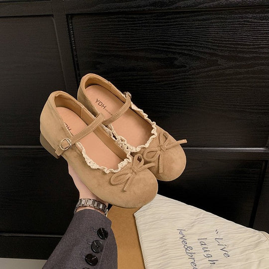 Damen elegante Mary Jane Ballerinas mit dekorativem Spitzenrand und Schleifenakzent R&B