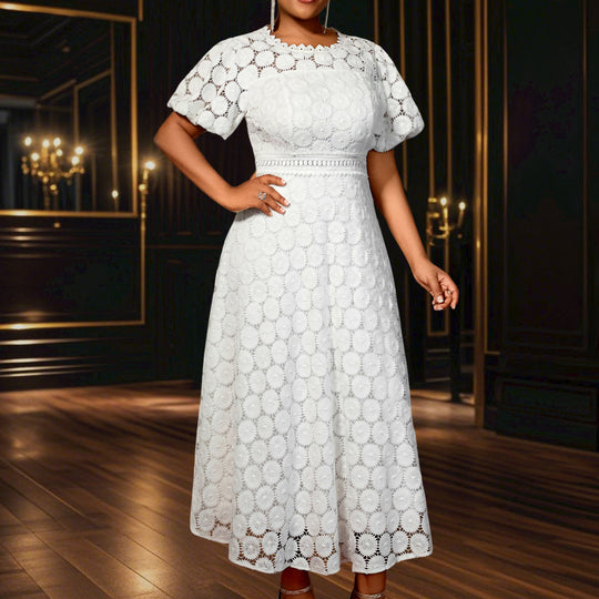 Damen Midi-Kleid mit eleganter Spitzenapplikation und Puffärmeln R&B