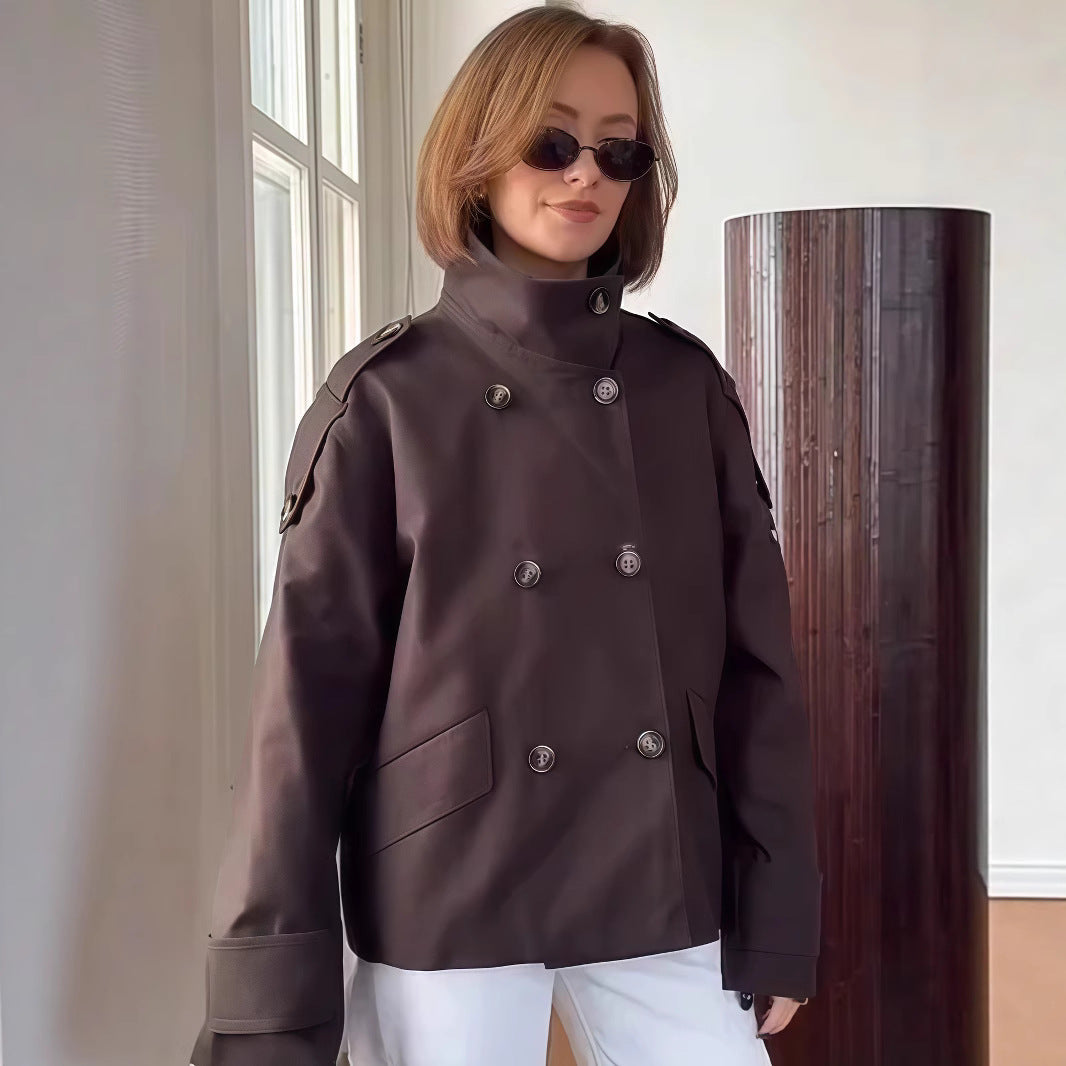 Damen modische Doppelreiher-Jacke mit hohem Kragen und strukturiertem Design R&B