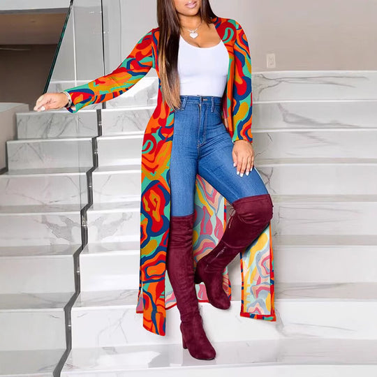 Damen Lange Strickjacke mit modernem grafischem Muster R&B