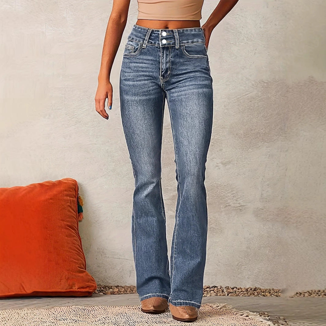 Damen Hohe Taille Flared Jeans mit dekorativen Knopfdetails und figurschmeichelndem Schnitt R&B