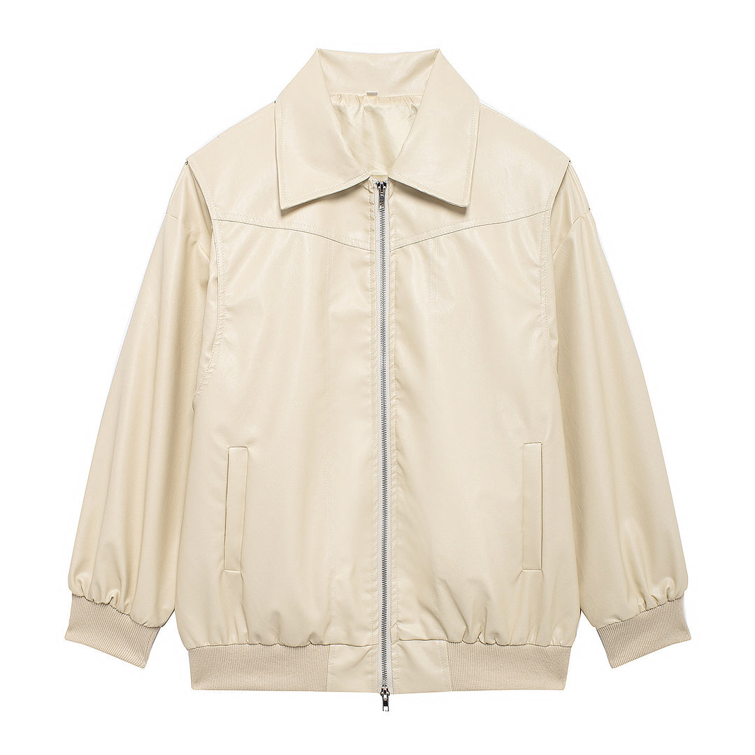 Damen Elegante Kunstlederjacke mit hochstehendem Kragen und elastischen Bündchen R&B