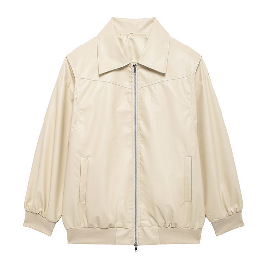 Damen Elegante Kunstlederjacke mit hochstehendem Kragen und elastischen Bündchen R&B
