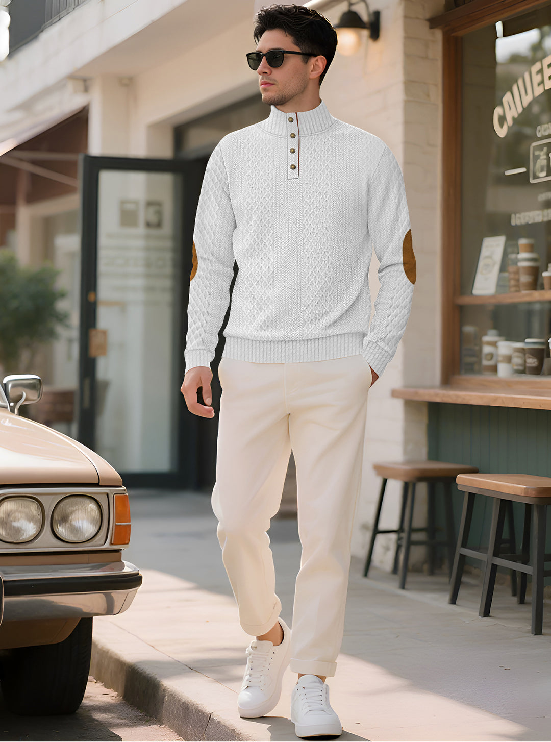 Herren nan edler Knopfsweater im Zopfmuster mit hohem Stehkragen und Wildleder-Ellenbogenpatches R&B