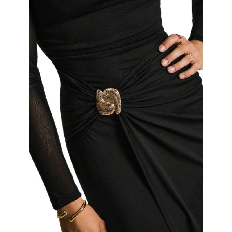 Damen Elegantes Wickelkleid mit transparenten Ärmeln und hohem Schlitz R&B
