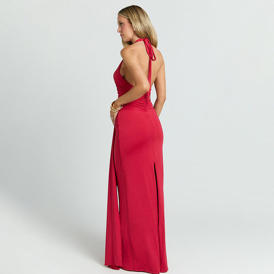 Damen Maxikleid mit tiefem Ausschnitt und Raffungen R&B