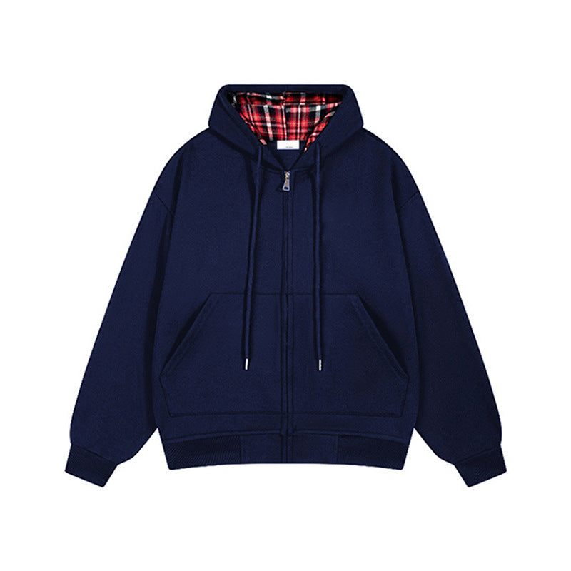 Damen lässige Kapuzenjacke mit Karo-Innenfutter und durchgehendem Reißverschluss R&B