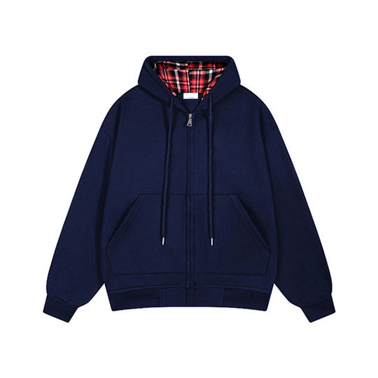 Damen lässige Kapuzenjacke mit Karo-Innenfutter und durchgehendem Reißverschluss R&B