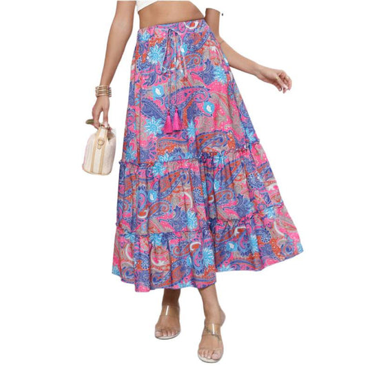 Damen Midi-Rock im verspielten Boho-Stil mit buntem Paisleymuster und voluminösem Saum R&B